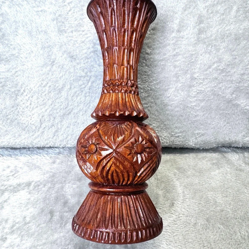 MCM Folk Art Carved Wooden Vase Ornate Floral Design Dark Wood Decorative Accent